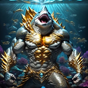 Realistic
FULL BODY IMAGE, Description of a [super MUSCLE HUMAN SHARK WARRIOR with SHARK head] muscular arms, very muscular and very detailed, LEFT ARM WITH HEAVY BRACELET REINFORCED with solid shield, right hand holding a golden trident, dressed in armor of illuminated gold, full body of black scales, a medallion of the letter A, hdr, 8k, subsurface scattering, specular lighting, high resolution, octane rendering, bottom of a large SEA, OCEAN of money, bottom of OCEAN WATER, hypermuscle , FULL BODY IMAGE, shark head, shark face, SHARK FACE, super muscular legs
