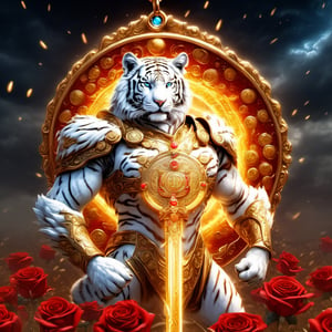 Realistic
FULL BODY IMAGE, Description of a [WHITE HUMAN TIGER WARRIOR WITH WHITE WINGS] muscular arms, very muscular and very detailed, LEFT ARM WITH HEAVY REINFORCED BRACELET with solid shield, right hand holding a transparent fire sword, dressed in golden armor full body full of red roses, helmet on head, glowing blue electricity running through his body, golden armor and completely white letter H medallion on chest, hdr, 8k, subsurface dispersion, specular light, high resolution, octane rendering , large money field background, GOLDEN WHEAT and red ROSES field background, medallion with the letter H on the chest, background Rain of gold coins and dollar bills, (GOOD LUCK) fire sword H, shield H , letter H pendant, letter H medallion on uniform, hypermuscle, H on chest, FULL BODY IMAGE, super strong legs with armor with gold details,Leonardo style ,Spirit Fox Pendant