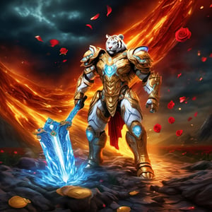 Realistic
FULL BODY IMAGE, Description of a [WHITE HUMAN TIGER WARRIOR WITH WHITE WINGS] muscular arms, very muscular and very detailed, LEFT ARM WITH HEAVY REINFORCED BRACELET with solid shield, right hand holding a transparent fire sword, dressed in golden armor full body full of red roses, helmet on head, glowing blue electricity running through his body, golden armor and completely white letter H medallion on chest, hdr, 8k, subsurface dispersion, specular light, high resolution, octane rendering , large money field background, GOLDEN WHEAT and red ROSES field background, medallion with the letter H on the chest, background Rain of gold coins and dollar bills, (GOOD LUCK) fire sword H, shield H , letter H pendant, letter H medallion on uniform, hypermuscle, H on chest, helmet that covers his ENTIRE face, FULL BODY IMAGE, super strong legs with armor with gold details