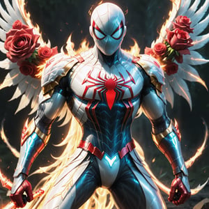 Realistic
Description of a very muscular and highly detailed [WHITE SPIDERMAN with WHITE wings], dressed in full body armor filled with red roses with ELECTRIC LIGHTS all over his body, bright electricity running through his body, full armor, letter medallion. H, H letters all over uniform, H letters all over armor, metal gloves with long sharp blades, swords on arms. , (metal sword with transparent fire blade).holding it in the right hand, full body, hdr, 8k, subsurface scattering, specular light, high resolution, octane rendering, field background, ANGEL WINGS,(ANGEL WINGS ), transparent fire sword, golden field background with red ROSES, fire whip held in his left hand, fire element, armor that protects the entire body, (SPIDERMAN) fire element, fire sword, golden armor, medallion with letter H on his chest,more detail XL,cyborg style