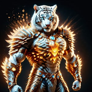 Realistic
FULL BODY IMAGE, Description of a [super MUSCLE white HUMAN TIGER white WARRIOR with TIGER head] muscular arms, very muscular and very detailed, LEFT ARM WITH REINFORCED HEAVY BRACELET with solid shield, right hand holding a FIRE SWORD, dressed in armor illuminated gold medallion, a letter H medallion, hdr, 8k, subsurface scattering, specular lighting, high resolution, octane rendering, ILLUMINATED GOLDEN WHEAT BACKGROUND IN OPEN FIELD, FULL BODY IMAGE, tiger head, super muscular legs,more detail XL,white skin