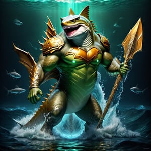 Realistic
FULL BODY IMAGE, Description of a [WINGED HUMAN SHARK WARRIOR with SHARK head] muscular, very muscular and highly detailed arms, LEFT ARM WITH HEAVY REINFORCED BRACELET with solid shield, right hand holding a golden trident, dressed in illuminated GREEN armor , full body of black scales, a medallion of the letter A, hdr, 8k, subsurface scattering, specular lighting, high resolution, octane rendering, bottom of a large SEA, OCEAN of money, bottom of OCEAN WATER, hypermuscle, IMAGE FULL BODY, shark head, shark face, SHARK FACE, trident in his hand