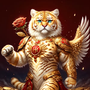 Realistic
FULL BODY IMAGE, Description of a [WHITE HUMAN TIGER WARRIOR WITH WHITE WINGS] muscular arms, very muscular and very detailed, LEFT ARM WITH HEAVY REINFORCED BRACELET with solid shield, right hand holding a transparent fire sword, dressed in golden armor full body full of red roses, helmet on head, glowing blue electricity running through his body, golden armor and completely white letter H medallion on chest, hdr, 8k, subsurface dispersion, specular light, high resolution, octane rendering , large money field background, GOLDEN WHEAT and red ROSES field background, medallion with the letter H on the chest, background Rain of gold coins and dollar bills, (GOOD LUCK) fire sword H, shield H , letter H pendant, letter H medallion on uniform, hypermuscle, H on chest, FULL BODY IMAGE, super strong legs with armor with gold details,Leonardo style ,Spirit Fox Pendant,phoenix pendant,Holy Dragon Pendant,Dolphin Pendant,GUILD WARS,Panda Pendant,ral-chrcrts,jinjianceng