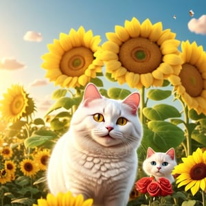 REALISTIC
A cute happy white cat playing with SNOOPY among sunflowers and roses, several white cats playing with sunflowers and roses, hdr, 8k, subsurface scattering, specular light, high resolution, octane rendering,