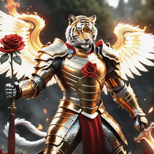 Realistic
[A HUMAN TIGER knight in golden armor], muscular arms, very muscular, dressed in full golden armor filled with red roses all over the body, Medallion with letter H, Medallions with letter H throughout the armor, letters H throughout the armor, metal gloves with long sharp blades, swords on his arms. , (metal sword with transparent fire blade).holding it in the right hand, full body, hdr, 8k, subsurface scattering, specular lighting, high resolution, octane rendering, field background,ANGELS PROTECTING LO,(CROUD ANGELES PROTECTING TO THE HUMAN TIGER), transparent fire sword, field background WITH red ROSES, fire whip held in his left hand, BACKGROUND FULL OF ANGELS WITH WHITE WINGS PROTECTING THE HUMAN TIGER