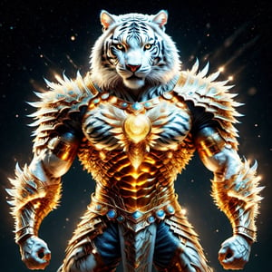 Realistic
FULL BODY IMAGE, Description of a [super MUSCLE white HUMAN TIGER white WARRIOR with TIGER head] muscular arms, very muscular and very detailed, LEFT ARM WITH REINFORCED HEAVY BRACELET with solid shield, right hand holding a FIRE SWORD, dressed in armor illuminated gold medallion, a letter H medallion, hdr, 8k, subsurface scattering, specular lighting, high resolution, octane rendering, ILLUMINATED GOLDEN WHEAT BACKGROUND IN OPEN FIELD, FULL BODY IMAGE, tiger head, super muscular legs,more detail XL,white skin,HYPER MUSCLE