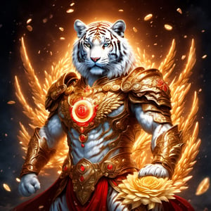 Realistic
FULL BODY IMAGE, Description of a [WHITE HUMAN TIGER WARRIOR WITH WHITE WINGS] muscular arms, very muscular and very detailed, LEFT ARM WITH HEAVY REINFORCED BRACELET with solid shield, right hand holding a transparent fire sword, dressed in golden armor full body full of red roses, helmet on head, glowing blue electricity running through his body, golden armor and completely white letter H medallion on chest, hdr, 8k, subsurface dispersion, specular light, high resolution, octane rendering , large money field background, GOLDEN WHEAT and red ROSES field background, medallion with the letter H on the chest, background Rain of gold coins and dollar bills, (GOOD LUCK) fire sword H, shield H , letter H pendant, letter H medallion on uniform, hypermuscle, H on chest, FULL BODY IMAGE, super strong legs with armor with gold details,Leonardo style ,Spirit Fox Pendant