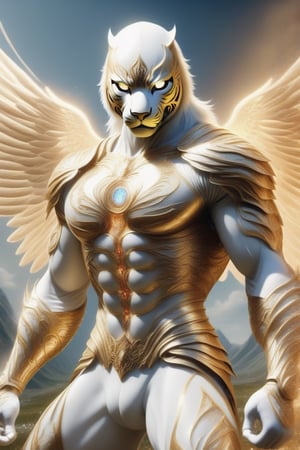 Realistic
Description of a [Male WHITE TIGER Human with WHITE wings] very muscular arms, very muscular legs, dressed in golden full body armor, bright electricity running through his body, full armor, letter medallion. H, metal gloves with long, sharp blades, swords on the arms. , (metal sword with transparent fire blade). in right hand, full body, hdr, 8k, subsurface scattering, specular light, high resolution, octane rendering, field background, ANGEL WINGS,(ANGEL WINGS), transparent fire sword, golden field background with ROSES red, fire whip in his left hand, fire element, armor that protects the entire body, (male HUMAN TIGER) fire element, fire sword, golden armor, tiger face, very muscular body, muscular body,skin white,very muscular giant,
TIGER face.GIANT MUSCLE,
TIGER face,