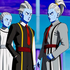 WHIS character in a man from Dragon Ball wearing a tuxedo, suit with tie, very elegant dress jacket with tie, WHIS in a man, blue skin, abundant white hair standing upright hair style with spikes