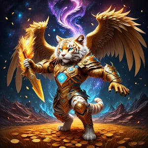 Realistic
FULL BODY IMAGE, Description of a [WHITE HUMAN TIGER WARRIOR WITH WHITE WINGS] muscular arms, very muscular and very detailed, LEFT ARM WITH HEAVY REINFORCED BRACELET with solid shield, right hand holding a transparent fire sword, dressed in golden armor full body full of red roses, helmet on head, glowing blue electricity running through his body, golden armor and completely white letter H medallion on chest, hdr, 8k, subsurface dispersion, specular light, high resolution, octane rendering , large money field background, GOLDEN WHEAT and red ROSES field background, medallion with the letter H on the chest, background Rain of gold coins and dollar bills, (GOOD LUCK) fire sword H, shield H , letter H pendant, letter H medallion on uniform, hypermuscle, H on chest, FULL BODY IMAGE, super strong legs with armor with gold details,Leonardo style ,Spirit Fox Pendant,phoenix pendant,Holy Dragon Pendant,Dolphin Pendant,GUILD WARS,Panda Pendant,ral-chrcrts,jinjianceng,Fortnite,aw0k cat