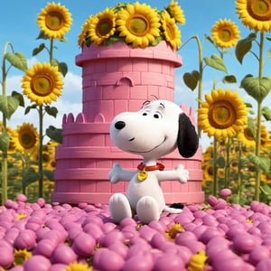 
SNOOPY PLAYING IN A PINK CASTLE FULL OF SUNFLOWERS,cute cartoon 