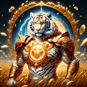 Realistic
FULL BODY IMAGE, Description of a [WHITE HUMAN TIGER WARRIOR WITH WHITE WINGS] muscular arms, very muscular and very detailed, LEFT ARM WITH HEAVY REINFORCED BRACELET with solid shield, right hand holding a transparent fire sword, dressed in golden armor full body full of red roses, helmet on head, glowing blue electricity running through his body, golden armor and completely white letter H medallion on chest, hdr, 8k, subsurface dispersion, specular light, high resolution, octane rendering , large money field background, GOLDEN WHEAT and red ROSES field background, medallion with the letter H on the chest, background Rain of gold coins and dollar bills, (GOOD LUCK) fire sword H, shield H , letter H pendant, letter H medallion on uniform, hypermuscle, H on chest, FULL BODY IMAGE, super strong legs with armor with gold details,Leonardo style ,Spirit Fox Pendant