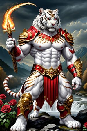realistic
Full body image of a HUMAN WHITE TIGER warrior with golden and red armor, fire sword in his right hand and very strong shield of roses in his left hand, muscular body, very large muscles, gigantic muscles, WHITE TIGER face, SKIN WHITE, muscles in arms and legs, background of golden wheat and abundance of rivers and faith
,DonMASKTexXL ,muscle_&_abs