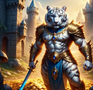 post_id=689207698547403003,post_id=670599761327527720,
REALISTIC
It is daytime and we see the full length image of a tall muscular white human tiger warrior with armor and blue sword standing on gold coins and on jewels, emeralds, rubies, sapphires, diamonds, in front of him a golden path full of treasure chests and jewels and behind him a beautiful and fantastic castle, background of a beautiful castle with flags with the letter H, in his left hand a bag full of gold, the strong lighting of the bright sun makes the gold shine in the ground, the castle in the background looks fantastic and is full of flags with the letter H.letter H all over it, sword in his right hand, of a tall muscular white human tiger warrior standing on a pile of gold coins and jewels