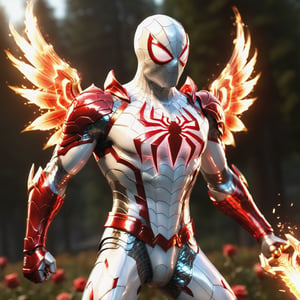 Realistic
Description of a very muscular and highly detailed [WHITE SPIDERMAN with WHITE wings], dressed in full body armor filled with red roses with ELECTRIC LIGHTS all over his body, bright electricity running through his body, full armor, letter medallion. H, H letters all over uniform, H letters all over armor, metal gloves with long sharp blades, swords on arms. , (metal sword with transparent fire blade). in right hand, full body, hdr, 8k, subsurface scattering, specular light, high resolution, octane rendering, field background, ANGEL WINGS,(ANGEL WINGS), transparent fire sword, golden field background with ROSES red, fire whip in his left hand, fire element, armor that protects the entire body, (SPIDERMAN) fire element, fire sword, golden armor, medallion with letter H on his chest