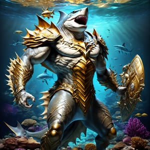 Realistic
FULL BODY IMAGE, Description of a [WINGED HUMAN SHARK WARRIOR with SHARK head] muscular arms, very muscular and very detailed, LEFT ARM WITH REINFORCED HEAVY BRACELET with solid shield, right hand holding a golden trident, dressed in gold armor illuminated, full body of black scales, a medallion of the letter A, hdr, 8k, subsurface scattering, specular lighting, high resolution, octane rendering, bottom of a large SEA, OCEAN of money, bottom of OCEAN WATER, hypermuscle, FULL BODY IMAGE, shark head, shark face, SHARK FACE, trident in his hand, armed with tridents