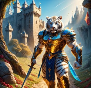 post_id=689207698547403003,post_id=670599761327527720,
REALISTIC
It is daytime and we see the full length image of a tall muscular white human tiger warrior with armor and blue sword standing on gold coins and on jewels, emeralds, rubies, sapphires, diamonds, in front of him a golden path full of treasure chests and jewels and behind him a beautiful and fantastic castle, background of a beautiful castle with flags with the letter H, in his left hand a bag full of gold, the strong lighting of the bright sun makes the gold shine in the ground, the castle in the background looks fantastic and is full of flags with the letter H.letter H everywhere, sword in his right hand