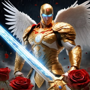 Realistic
FULL BODY IMAGE, Description of a [WHITE WARRIOR Henry with WHITE wings] muscular arms, very muscular and very detailed, dressed in a golden full body armor filled with red roses, helmet on his head, bright blue electricity running through his body, golden armor and completely white Letter H Medallion on the chest, red metal gloves with long sharp blades, transparent swords held with both hands. (metal sword with transparent fire blade), hdr, 8k, subsurface scattering, specular light, high resolution, octane rendering, big money field background, 4 WINGS OF ANGEL, (4 WINGS OF ANGEL), fire sword transparent, background of field of GOLDEN WHEAT and red ROSES, medallion with the letter H on the chest, WHITE Henry, muscular arms, background Rain of gold coins and dollar bills, (GOOD LUCK) fire sword H, shield H , pendant of the letter H, medallion of the letter H on the uniform, hypermuscle, blessing of GOD almighty and JESUS ​​and THE HOLY SPIRIT, pendant of letter H on the chest, helmet that covers his face, HENRY the mascot of JESUS, BODY COMPLETE, helmet that covers your ENTIRE face, FULL BODY IMAGE