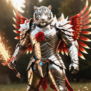 Realistic
Description of a very muscular and highly detailed [male WHITE HUMAN TIGER with WHITE wings], dressed in full body armor filled with red roses with ELECTRIC RAYS all over his body, bright electricity running through his body, (full armor with letter H) , letter medallion. H, metal gloves with long, sharp blades, swords on the arms. , (metal sword with transparent fire blade). in right hand, full body, hdr, 8k, subsurface scattering, specular light, high resolution, octane rendering, (full armor with letter H etched on armor), back of field, ANGEL WINGS, (ANGEL WINGS) , transparent fire sword, golden field background with red ROSES, fire whip in his left hand, fire element, armor that protects the entire body, (male HUMAN TIGER) fire element, fire sword, golden armor, tiger face ,(full armor with letter H engraved on the armor),fire element,composed of fire elements,onarmor,more detail XL