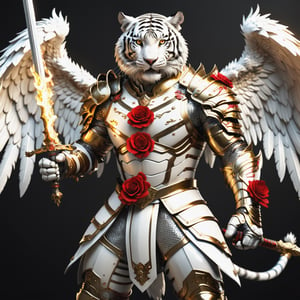 Realistic
[A WHITE HUMAN TIGER knight in golden armor], muscular arms, very muscular, dressed in golden full armor filled with red roses, Medallion with the letter H, (((metal gloves with long sharp blades, swords on the arms) )), (metal sword with transparent fire blade).holding it in the right hand, full body, hdr, 8k, subsurface scattering, specular light, high resolution, octane rendering, ANGELS background,(((ANGELS PROTECTING THE HUMAN TIGER))), transparent fire sword, fire whip held in his left hand, (((BACKGROUND FULL OF ANGELS WITH WHITE WINGS PROTECTING THE HUMAN TIGER))),