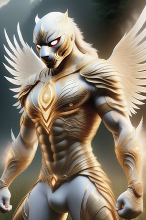 Realistic
Description of a [Male WHITE TIGER Human with WHITE wings] very muscular arms, very muscular legs, dressed in golden full body armor, bright electricity running through his body, full armor, letter medallion. H, metal gloves with long, sharp blades, swords on the arms. , (metal sword with transparent fire blade). in right hand, full body, hdr, 8k, subsurface scattering, specular light, high resolution, octane rendering, field background, ANGEL WINGS,(ANGEL WINGS), transparent fire sword, golden field background with ROSES red, fire whip in his left hand, fire element, armor that protects the entire body, (male HUMAN TIGER) fire element, fire sword, golden armor, tiger face, very muscular body, muscular body,skin white,very muscular giant,
TIGER face.GIANT MUSCLE,
TIGER face,