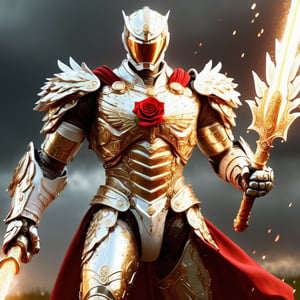 Realistic
Description of a [WARRIOR WHITE Henry with WHITE wings] muscular arms, very muscular and very detailed, dressed in full body armor filled with red roses with ELECTRIC LIGHTS all over his body, bright electricity running through his body, full armor, letter medallion . H, H letters all over uniform, H letters all over armor, metal gloves with long sharp blades, swords on arms. , (metal sword with transparent fire blade), full body, hdr, 8k, subsurface scattering, specular light, high resolution, octane rendering, field background,4 ANGEL WINGS,(4 ANGEL WINGS ), transparent fire sword, golden field background with red ROSES, fire whip held in his left hand, fire element, armor that protects the entire body, (H) fire element, fire sword, golden armor, medallion with the letter H on the chest, WHITE Henry, open field background with red roses, red roses on the suit, letter H on the suit, muscular arms,background Rain golden, (Rain money) sword fire H, escudo H,letter H Pendant, medalion letter H in the uniforme, hyper muscle,Cat, blessing of God  from Henry 