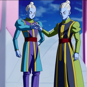 WHIS character in a man from Dragon Ball wearing a tuxedo, suit, very elegant dress jacket, WHIS in a man, blue skin, abundant white hair standing upright, hairstyle