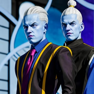 WHIS character in a man from Dragon Ball wearing a tuxedo, suit with tie, very elegant dress jacket with tie, WHIS in a man, blue skin, abundant white hair standing upright hair style with spikes