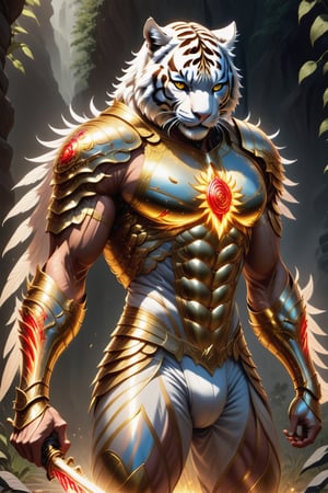 Realistic
Description of a [Male WHITE TIGER Human with WHITE wings] very muscular arms, very muscular legs, dressed in golden full body armor, bright electricity running through his body, full armor, letter medallion. H, metal gloves with long, sharp blades, swords on the arms. , (metal sword with transparent fire blade). in right hand, full body, hdr, 8k, subsurface scattering, specular light, high resolution, octane rendering, field background, ANGEL WINGS,(ANGEL WINGS), transparent fire sword, golden field background with ROSES red, fire whip in his left hand, fire element, armor that protects the entire body, (male HUMAN TIGER) fire element, fire sword, golden armor, tiger face, very muscular body, muscular body,skin white,very muscular giant,
TIGER face.GIANT MUSCLE,
TIGER face,MUSCLE ARMS