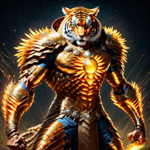 Realistic
FULL BODY IMAGE, Description of a [super MUSCLE HUMAN TIGER WARRIOR with TIGER head] muscular arms, very muscular and very detailed, LEFT ARM WITH REINFORCED HEAVY BRACELET with solid shield, right hand holding a FIRE SWORD, dressed in armor illuminated gold medallion, a letter H medallion, hdr, 8k, subsurface scattering, specular lighting, high resolution, octane rendering, ILLUMINATED GOLDEN WHEAT BACKGROUND IN OPEN FIELD, FULL BODY IMAGE, tiger head, super muscular legs