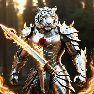 Realistic
Description of a [male WHITE HUMAN TIGER with very large WHITE wings] Very muscular and highly detailed Tiger Human, dressed in full body armor filled with letter H written all over the body, bright electricity running through his body (full armor with the letter H). letter medallion. H, metal gloves with long, sharp blades, swords on the arms. , (metal sword with transparent fire blade). in right hand, full body, hdr, 8k, subsurface scattering, specular light, high resolution, octane rendering, (full armor with letter H etched on armor), ANGEL WINGS, (ANGEL WINGS), sword of transparent fire, golden field background with red ROSES, fire whip in his left hand, fire element, armor that protects the entire body, (male HUMAN TIGER) fire element, fire sword, golden armor, tiger face, (armor complete with the letter H engraved on the armor), fire element, composed of fire elements, armor, more detail XL