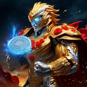 Realistic
FULL BODY IMAGE, Description of a [WHITE HUMAN TIGER WARRIOR WITH WHITE WINGS] muscular arms, very muscular and very detailed, LEFT ARM WITH HEAVY REINFORCED BRACELET with solid shield, right hand holding a transparent fire sword, dressed in golden armor full body full of red roses, helmet on head, glowing blue electricity running through his body, golden armor and completely white letter H medallion on chest, hdr, 8k, subsurface dispersion, specular light, high resolution, octane rendering , large money field background, GOLDEN WHEAT and red ROSES field background, medallion with the letter H on the chest, background Rain of gold coins and dollar bills, (GOOD LUCK) fire sword H, shield H , letter H pendant, letter H medallion on uniform, hypermuscle, H on chest, FULL BODY IMAGE, super strong legs with armor with gold details