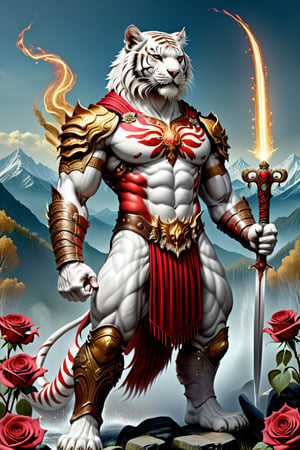 realistic
Full body image of a HUMAN WHITE TIGER warrior with golden and red armor, fire sword in his right hand and very strong shield of roses in his left hand, muscular body, very big muscles, giant muscles, WHITE TIGER face, SKIN WHITE, muscles in arms and legs, background of golden wheat and abundance of rivers and faith, Letter H on his chest, MOUNTED ON A GIANT TIGER