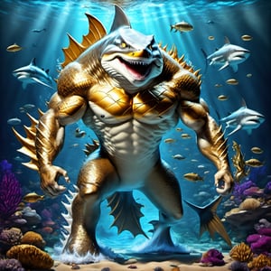 Realistic
FULL BODY IMAGE, Description of a [super MUSCLE HUMAN SHARK WARRIOR with SHARK head] muscular arms, very muscular and very detailed, LEFT ARM WITH HEAVY BRACELET REINFORCED with solid shield, right hand holding a golden trident, dressed in armor of illuminated gold, full body of black scales, a medallion of the letter A, hdr, 8k, subsurface scattering, specular lighting, high resolution, octane rendering, bottom of a large SEA, OCEAN of money, bottom of OCEAN WATER, hypermuscle , FULL BODY IMAGE, shark head, shark face, SHARK FACE, super muscular legs