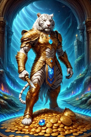 a full body image of a tall muscular white human tiger warrior with armor and sword standing on gold coins and jewels, in front of him a golden road full of treasure chests and jewels and behind a fantasy and beautiful castle, background of a beautiful castle with flags with the letter H, the white human tiger holds a blue fire sword in his right hand and has light blue armor and a red medallion on his chest, in his left hand a bag full of gold ,, treasure chests full of gold and jewels.,BucketGoldUnderTheRainbow