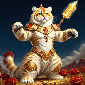 Realistic
FULL BODY IMAGE, Description of a [WHITE HUMAN TIGER WARRIOR WITH WHITE WINGS] muscular arms, very muscular and very detailed, LEFT ARM WITH HEAVY REINFORCED BRACELET with solid shield, right hand holding a transparent fire sword, dressed in golden armor full body full of red roses, helmet on head, glowing blue electricity running through his body, golden armor and completely white letter H medallion on chest, hdr, 8k, subsurface dispersion, specular light, high resolution, octane rendering , large money field background, GOLDEN WHEAT and red ROSES field background, medallion with the letter H on the chest, background Rain of gold coins and dollar bills, (GOOD LUCK) fire sword H, shield H , letter H pendant, letter H medallion on uniform, hypermuscle, H on chest, FULL BODY IMAGE, super strong legs with armor with gold details,Leonardo style ,Spirit Fox Pendant,phoenix pendant,Holy Dragon Pendant,Dolphin Pendant,GUILD WARS,Panda Pendant,ral-chrcrts,jinjianceng