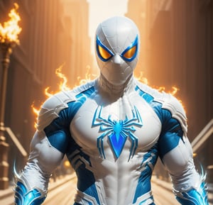 white SPIDERMAN with WHITE mask, wears a WHITE suit, a WHITE mask, uses two blue fire swords, one in each hand, standing on a golden path, holds a blue fire sword in his right hand and a very shiny transparent blue sword on his left hand, muscular, muscular arms, best quality, professor workmanship, 8k, uhd, bright daylight, realistic style, he has a letter H on his suit, hyper-detailed muscles,  DAY lighting, he has a belt with letter H buckle,rmspdvrs