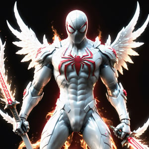 Realistic
Description of a very muscular and highly detailed [WHITE SPIDERMAN with WHITE wings], dressed in full body armor filled with red roses with ELECTRIC LIGHTS all over his body, bright electricity running through his body, full armor, letter medallion. H, H letters all over uniform, H letters all over armor, metal gloves with long sharp blades, swords on arms. , (metal sword with transparent fire blade). in right hand, full body, hdr, 8k, subsurface scattering, specular light, high resolution, octane rendering, field background, ANGEL WINGS,(ANGEL WINGS), transparent fire sword, golden field background with ROSES red, fire whip in his left hand, fire element, armor that protects the entire body, (SPIDERMAN) fire element, fire sword, golden armor, medallion with letter H on his chest,fire element,more detail XL,Cyber Warrior