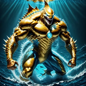 Realistic
FULL BODY IMAGE, Description of a [super MUSCLE HUMAN SHARK WARRIOR with SHARK head] muscular arms, very muscular and very detailed, LEFT ARM WITH HEAVY BRACELET REINFORCED with solid shield, right hand holding a golden trident, dressed in armor of illuminated gold, full body of black scales, a medallion of the letter A, hdr, 8k, subsurface scattering, specular lighting, high resolution, octane rendering, bottom of a large SEA, OCEAN of money, bottom of OCEAN WATER, hypermuscle , FULL BODY IMAGE, shark head, shark face, SHARK FACE, super muscular legs,rmspdvrs