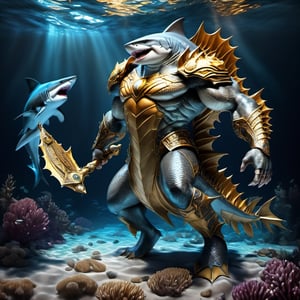 Realistic
FULL BODY IMAGE, Description of a [WINGED HUMAN SHARK WARRIOR with SHARK head] muscular arms, very muscular and very detailed, LEFT ARM WITH REINFORCED HEAVY BRACELET with solid shield, right hand holding gold trident, dressed in illuminated black armor , full body of scales, a medallion of the letter A ,hdr, 8k, subsurface scattering, specular lighting, high resolution, octane rendering, bottom of a large SEA, OCEAN of money, OCEAN WATER background, hypermuscle, ,BODY IMAGE COMPLETE, shark head, shark face, SHARK FACE