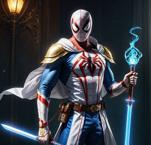 White SPIDERMAN, wears a WHITE suit, uses two blue fire swords, one in each hand, standing on a golden path, holds a blue fire sword in his right hand and a very shiny transparent blue sword in his left hand, muscular , muscular arms, best quality, teacher's workmanship, 8k, uhd, bright light, realistic style, has a letter H on his suit, hyper detailed muscles, DAY lighting, has a belt with letter H buckle,armor,nhdsrmr, rmspdvrs,White SPIDERMAN