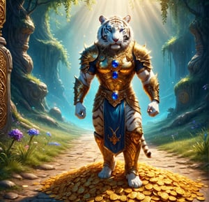 post_id=689207698547403003,post_id=670599761327527720,
REALISTIC
It is daytime and we see the full length image of a tall muscular white human tiger warrior with armor and blue sword standing on gold coins and on jewels, emeralds, rubies, sapphires, diamonds, in front of him a golden path full of treasure chests and jewelry, there is gold everywhere and solid gold letters H, letter H, gold castle background with letters H