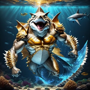Realistic
FULL BODY IMAGE, Description of a [WINGED HUMAN SHARK WARRIOR with SHARK head] muscular arms, very muscular and very detailed, LEFT ARM WITH REINFORCED HEAVY BRACELET with solid shield, right hand holding a golden trident, dressed in gold armor illuminated, full body of black scales, a medallion of the letter A, hdr, 8k, subsurface scattering, specular lighting, high resolution, octane rendering, bottom of a large SEA, OCEAN of money, bottom of OCEAN WATER, hypermuscle, FULL BODY IMAGE, shark head, shark face, SHARK FACE, super muscular legs