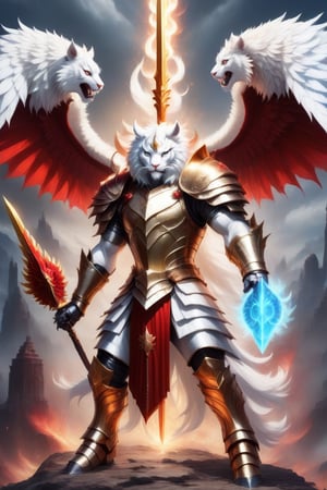 Realistic
Representation of a [WHITE human tiger with brown eyes with WHITE wings] one horn on the forehead, very muscular, dressed in gold plate armor all over the body, left arm reinforced with a shield, right hand with a special glove.
Metallic red with long, sharp blades, (metal sword with transparent fire blade). in the right hand a sword, full length, SHIELD of red rose in his left hand, field background, ANGEL WINGS, (ANGEL WINGS), sword of transparent fire, background of FIRE and red ROSES, with blue fire, blue flames, a unicorn horn on the forehead, sword of fire, full armor of roses,