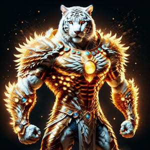 Realistic
FULL BODY IMAGE, Description of a [super MUSCLE white HUMAN TIGER white WARRIOR with TIGER head] muscular arms, very muscular and very detailed, LEFT ARM WITH REINFORCED HEAVY BRACELET with solid shield, right hand holding a FIRE SWORD, dressed in armor illuminated gold medallion, a letter H medallion, hdr, 8k, subsurface scattering, specular lighting, high resolution, octane rendering, ILLUMINATED GOLDEN WHEAT BACKGROUND IN OPEN FIELD, FULL BODY IMAGE, tiger head, super muscular legs,more detail XL,white skin,HYPER MUSCLE