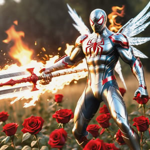 Realistic
[WHITE SPIDERMAN with WHITE wings] muscular arms, very muscular, dressed in full body armor full of red roses with all over his body, bright electricity running through his body, full armor, letter medallion. H, H letters all over uniform, H letters all over armor, metal gloves with long sharp blades, swords on arms. , (metal sword with transparent fire blade).holding it in the right hand, full body, hdr, 8k, subsurface scattering, specular light, high resolution, octane rendering, field background, ANGEL WINGS,(ANGEL WINGS ), transparent fire sword, golden field background with red ROSES, fire whip held in his left hand, fire element, armor that protects the entire body, (WHITE SPIDERMAN) fire element, fire sword, golden armor, medallion with the letter H on the chest, field background with red roses, red roses on the suit, letter H on the suit, muscular arms,fire element