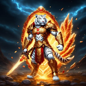 Realistic
FULL BODY IMAGE, Description of a [WHITE HUMAN TIGER WARRIOR WITH WHITE WINGS] muscular arms, very muscular and very detailed, LEFT ARM WITH HEAVY REINFORCED BRACELET with solid shield, right hand holding a transparent fire sword, dressed in golden armor full body full of red roses, helmet on head, glowing blue electricity running through his body, golden armor and completely white letter H medallion on chest, hdr, 8k, subsurface dispersion, specular light, high resolution, octane rendering , large money field background, GOLDEN WHEAT and red ROSES field background, medallion with the letter H on the chest, background Rain of gold coins and dollar bills, (GOOD LUCK) fire sword H, shield H , letter H pendant, letter H medallion on uniform, hypermuscle, H on chest, FULL BODY IMAGE, super strong legs with armor with gold details,Leonardo style ,Spirit Fox Pendant