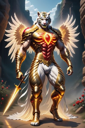 Realistic
Description of a [Male WHITE TIGER Human with WHITE wings] very muscular arms, very muscular legs, dressed in golden full body armor, bright electricity running through his body, full armor, letter medallion. H, metal gloves with long, sharp blades, swords on the arms. , (metal sword with transparent fire blade). in right hand, full body, hdr, 8k, subsurface scattering, specular light, high resolution, octane rendering, field background, ANGEL WINGS,(ANGEL WINGS), transparent fire sword, golden field background with ROSES red, fire whip in his left hand, fire element, armor that protects the entire body, (male HUMAN TIGER) fire element, fire sword, golden armor, tiger face, very muscular body, muscular body,skin white,very muscular giant,
TIGER face.GIANT MUSCLE,
TIGER face,MUSCLE ARMS,ARMS WITH GIANT MUSCLES