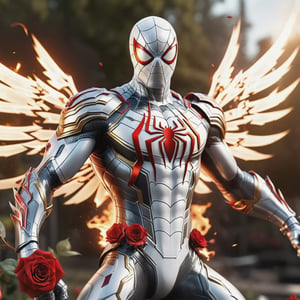 Realistic
[WHITE SPIDERMAN with WHITE wings] muscular arms, very muscular, dressed in full body armor full of red roses with all over his body, bright electricity running through his body, full armor, letter medallion. H, H letters all over uniform, H letters all over armor, metal gloves with long sharp blades, swords on arms. , (metal sword with transparent fire blade).holding it in the right hand, full body, hdr, 8k, subsurface scattering, specular light, high resolution, octane rendering, field background, ANGEL WINGS,(ANGEL WINGS ), transparent fire sword, golden field background with red ROSES, fire whip held in his left hand, fire element, armor that protects the entire body, (WHITE SPIDERMAN) fire element, fire sword, golden armor, medallion with the letter H on the chest, field background with red roses, red roses on the suit, letter H on the suit, muscular arms,fire element,cyborg style