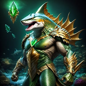 Realistic
FULL BODY IMAGE, Description of a [WINGED HUMAN SHARK WARRIOR with SHARK head] muscular, very muscular and highly detailed arms, LEFT ARM WITH HEAVY REINFORCED BRACELET with solid shield, right hand holding a golden trident, dressed in illuminated GREEN armor , full body of GREEN scales, a medallion of the letter A, hdr, 8k, subsurface scattering, specular lighting, high resolution, octane rendering, bottom of a large SEA, OCEAN of money, bottom of OCEAN WATER, hypermuscle, IMAGE FULL BODY, shark head, shark face, SHARK FACE